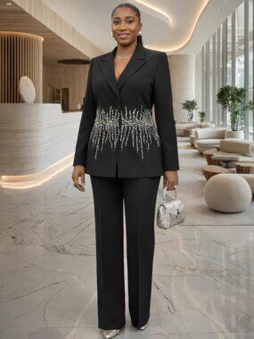 Selene Crystal Encrusted Power Suit Set - Black